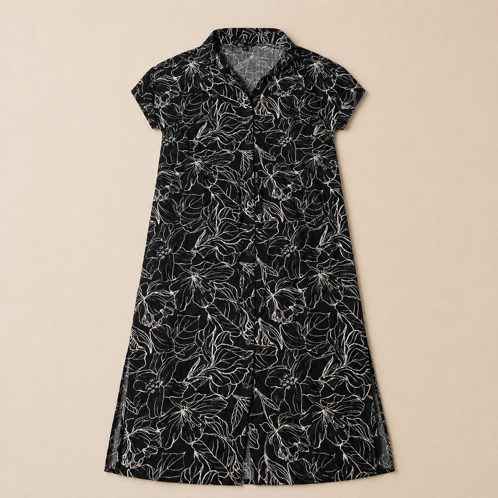 Jewel Badgley Mischka Black White Floral Shirt Dress Midi Linen Blend Medium